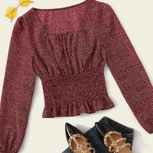 Ditsy Floral Print Shirred Waist Blouse